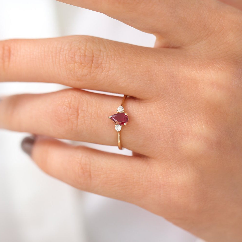OBFJ1854 - 14K Pear Shape Ruby Ring with Diamonds 5
