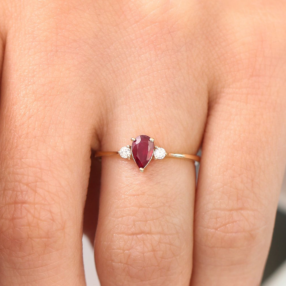 OBFJ1854 - 14K Pear Shape Ruby Ring with Diamonds 3