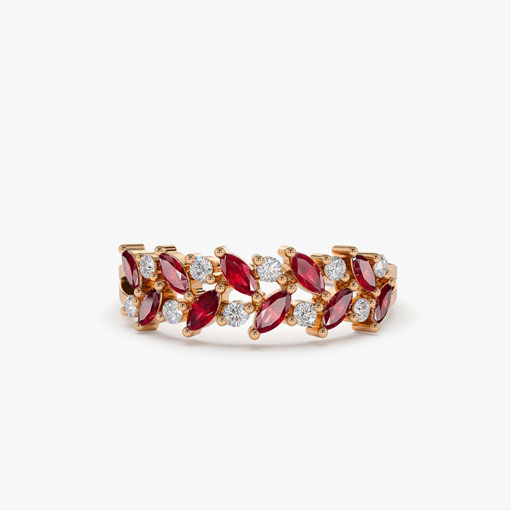 OBFJ1987 - 14k Two Rows Marquise Cut Natural Ruby and Diamond Ring 5