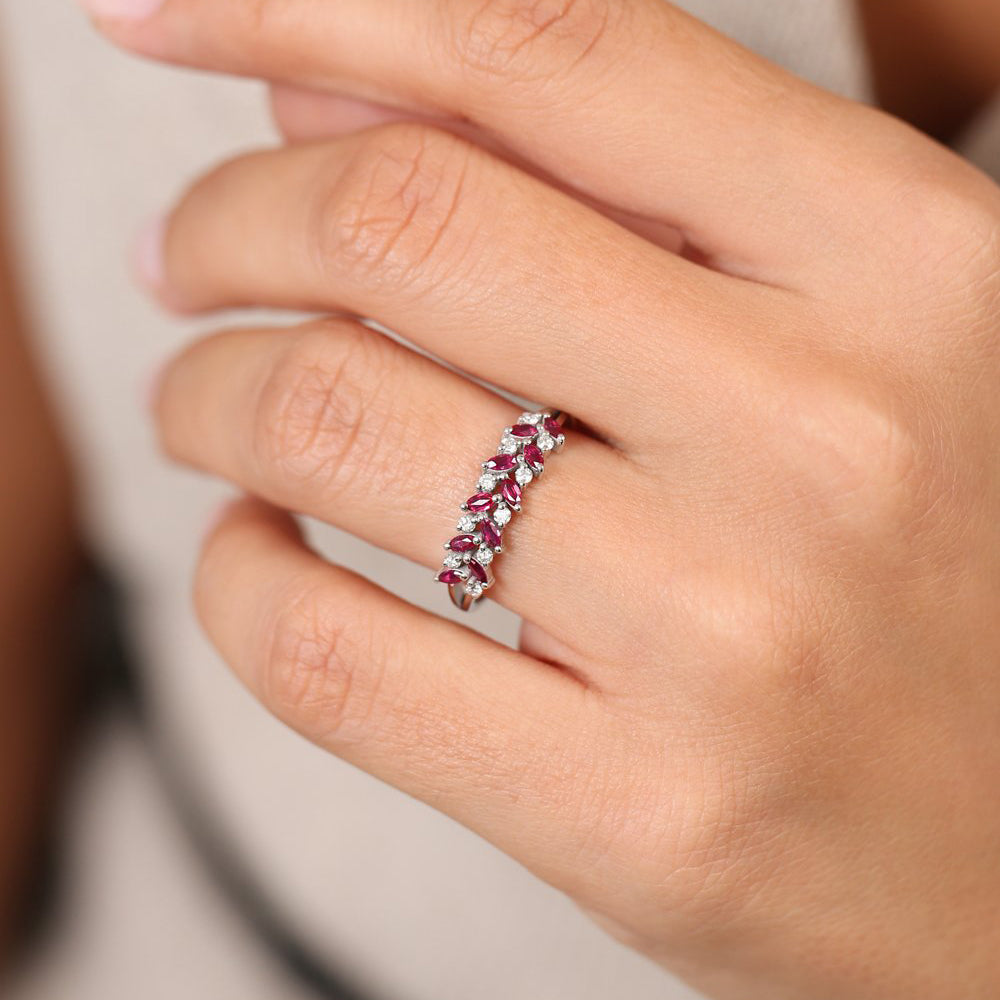 OBFJ1987 - 14k Two Rows Marquise Cut Natural Ruby and Diamond Ring 4
