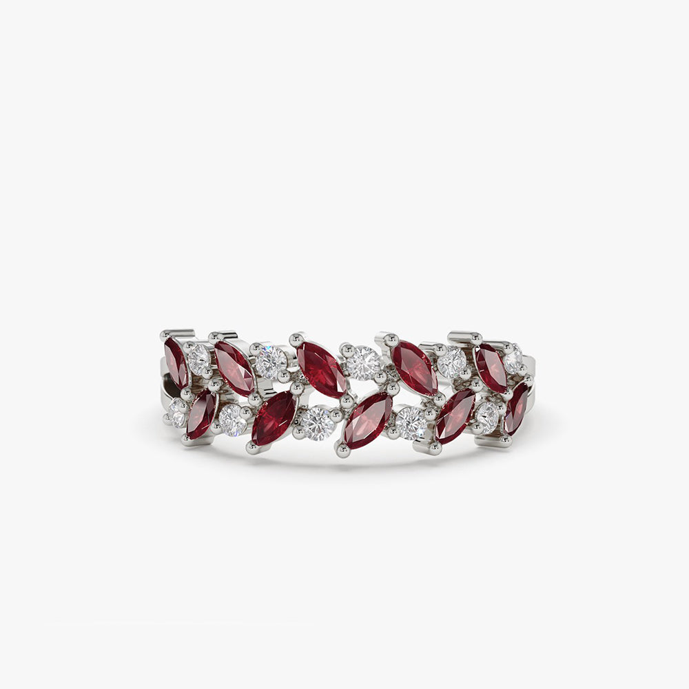 OBFJ1987 - 14k Two Rows Marquise Cut Natural Ruby and Diamond Ring 6