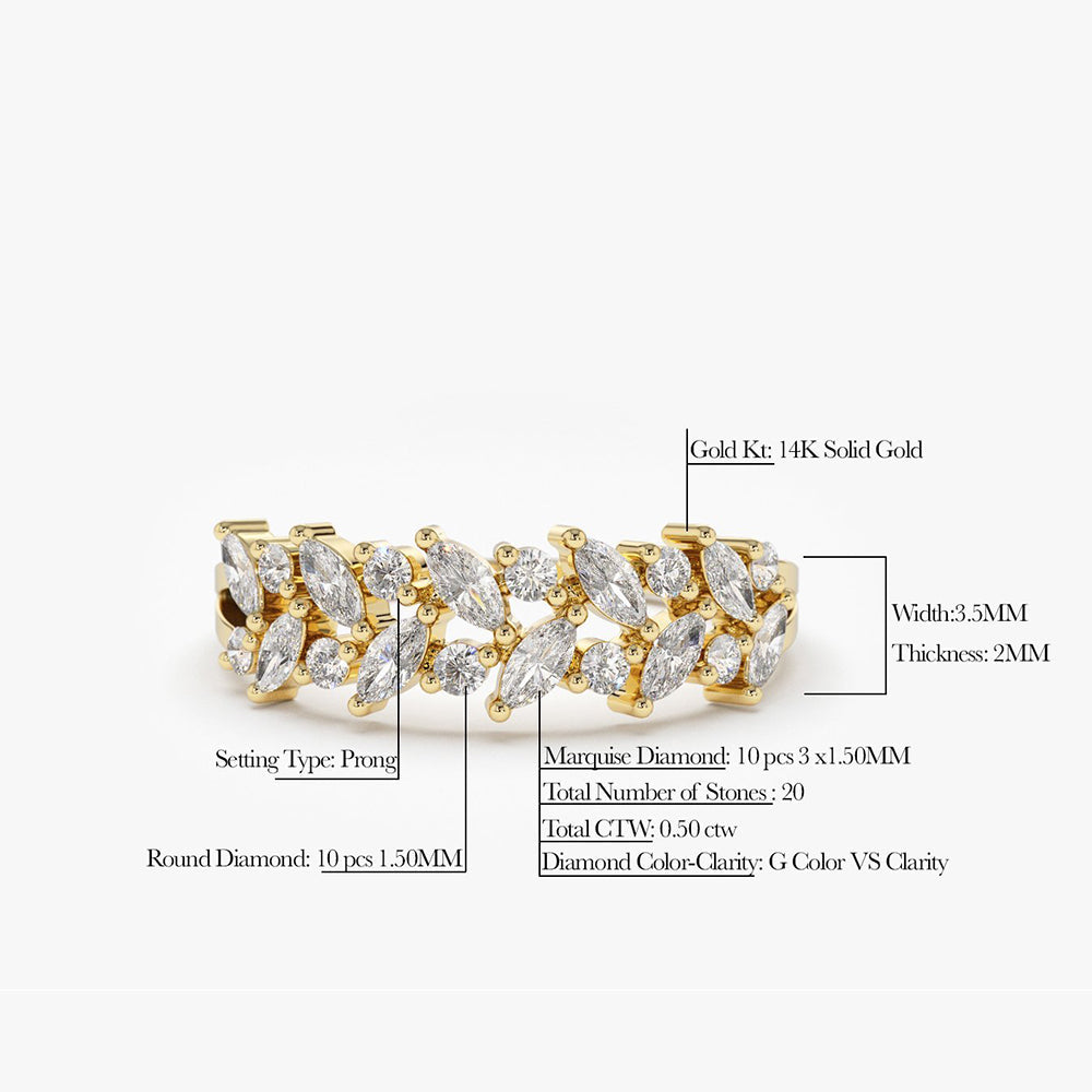 OBFJ1820 - 14K Gold Two Row Marquise & Round Diamond Ring 7