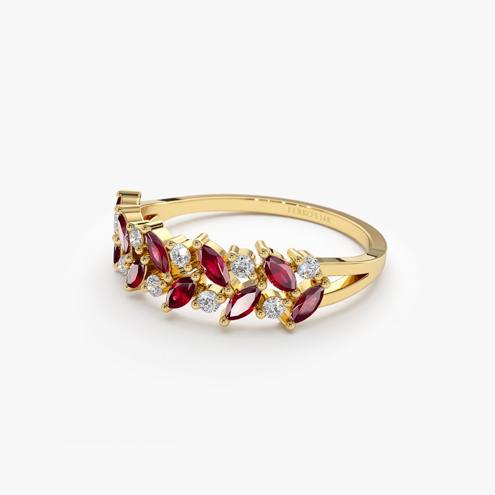 OBFJ1987 - 14k Two Rows Marquise Cut Natural Ruby and Diamond Ring 7
