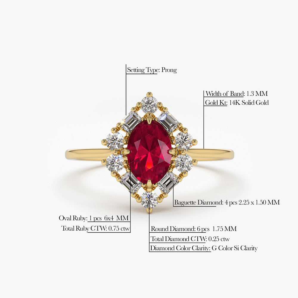 OBFJ1856 - 14K Unique Natural Ruby and Baguette Ring 6