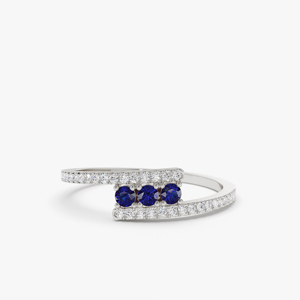 OBFJ2117 - 14k Cross Over Diamond Ring with Round Blue Sapphires 4