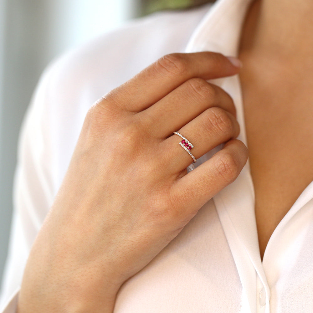 OBFJ2118 - 14k Cross Over Diamond Ring with Round Rubies 7