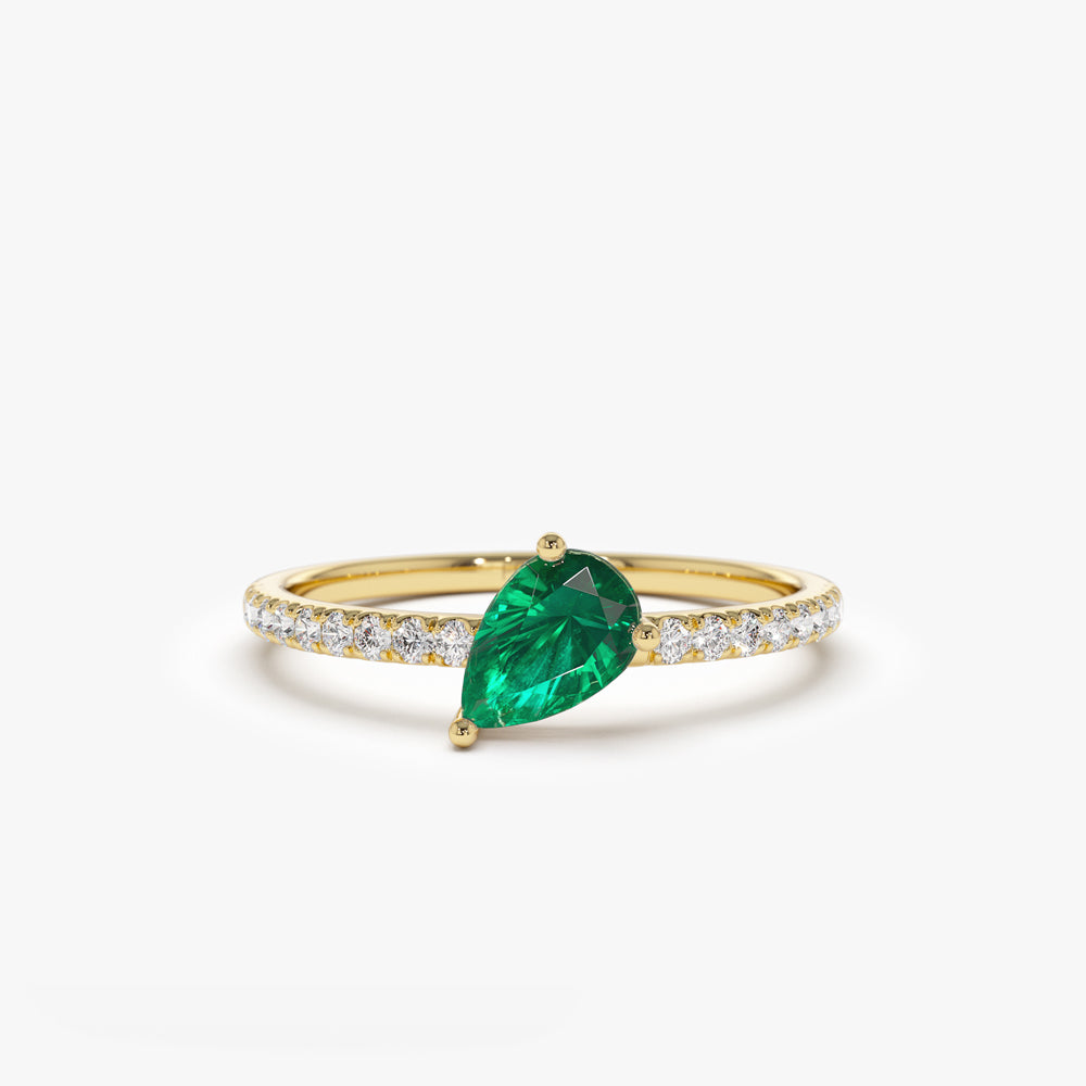 OBFJ2095 - 14k Slanted Pear Shape Emerald Ring with Pave Diamonds 1