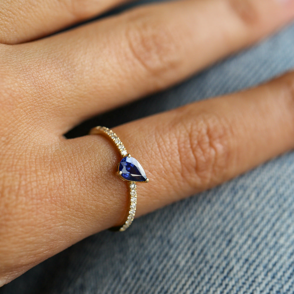 OBFJ2093 - 14k Slanted Pear Shape Sapphire Ring with Pave Diamonds 2
