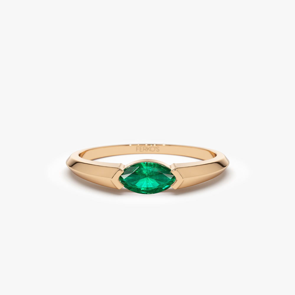 OBFJ2193 - 14K Horizontal Marquise Shape Natural Emerald Ring 5