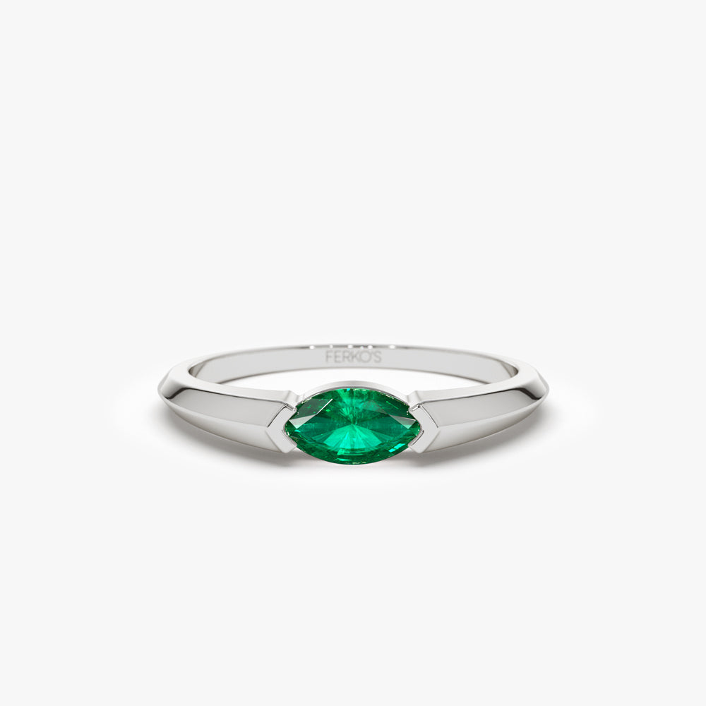 OBFJ2193 - 14K Horizontal Marquise Shape Natural Emerald Ring 6