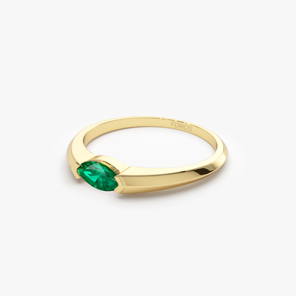 OBFJ2193 - 14K Horizontal Marquise Shape Natural Emerald Ring 7
