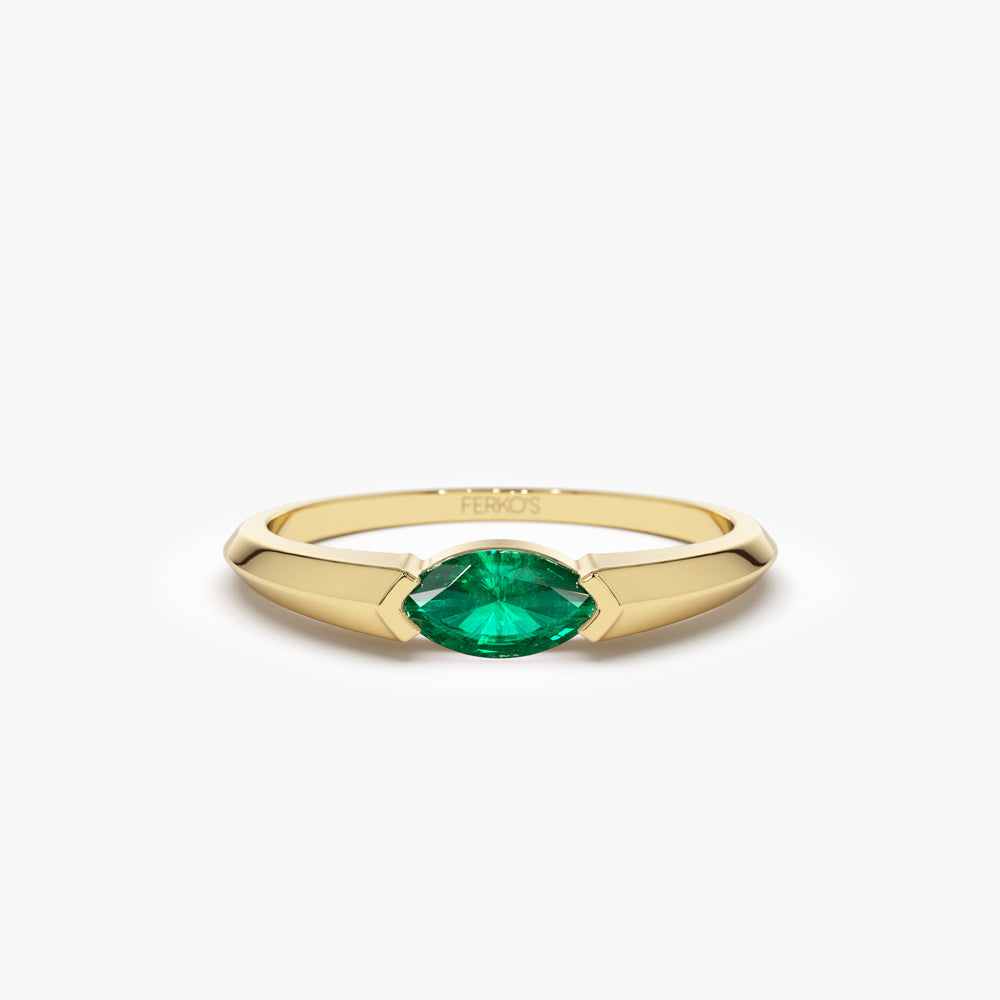 OBFJ2193 - 14K Horizontal Marquise Shape Natural Emerald Ring 1