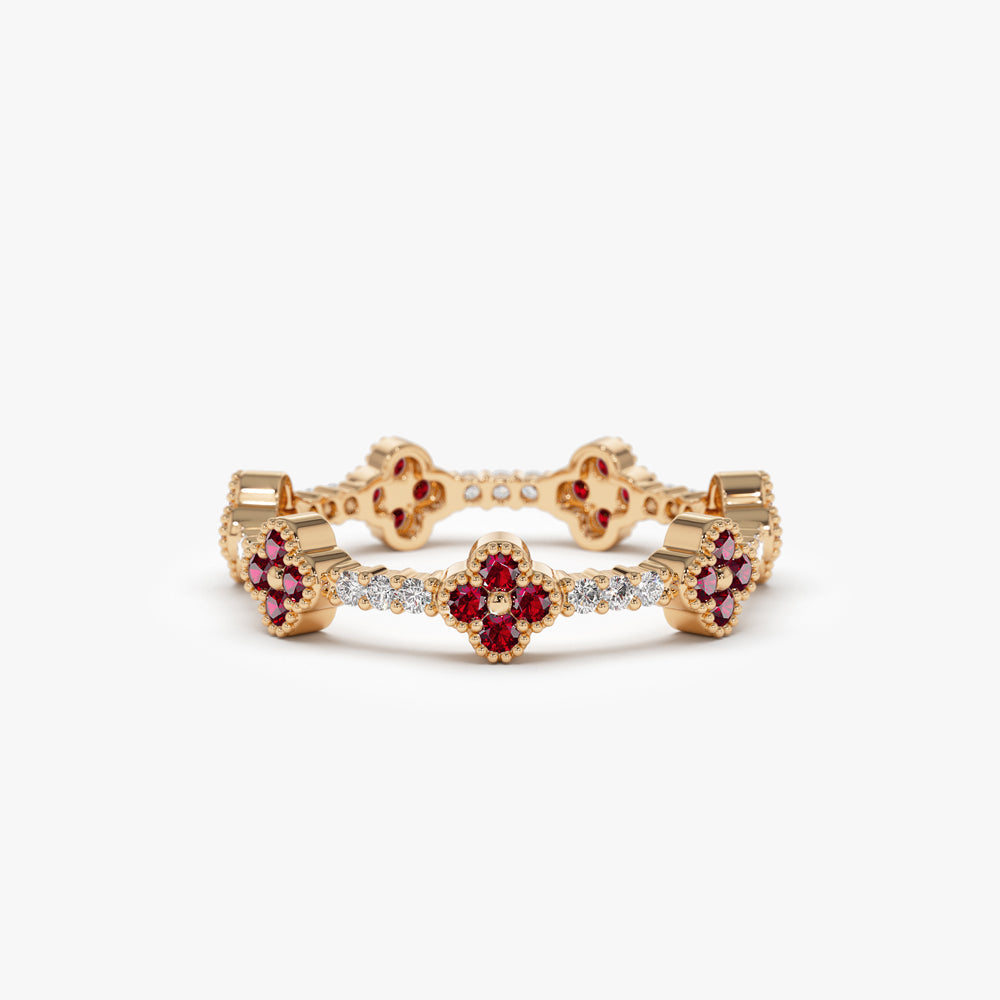 OBFJ2241 - Full Eternity Clover Ruby and Diamond Ring in 14k Gold 7