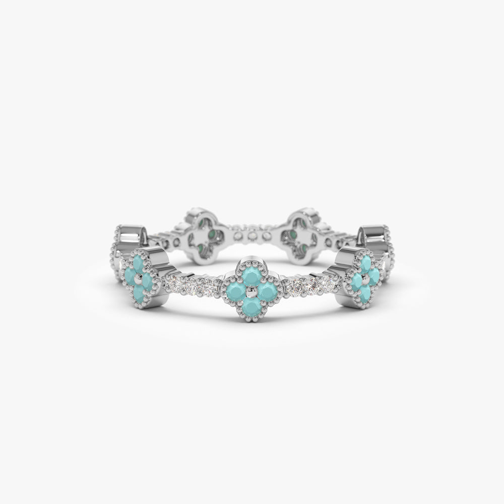 OBFJ1537 - 14k Full Eternity Clover Turquoise and Diamond Ring 3