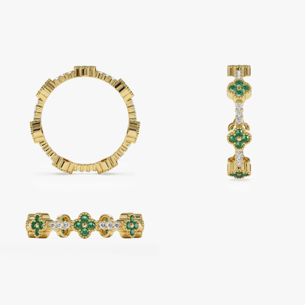 OBFJ1538 - 14k Full Eternity Clover Emerald and Diamond Ring 6