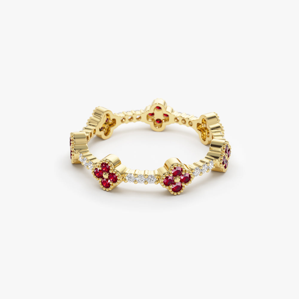 OBFJ2241 - Full Eternity Clover Ruby and Diamond Ring in 14k Gold 9