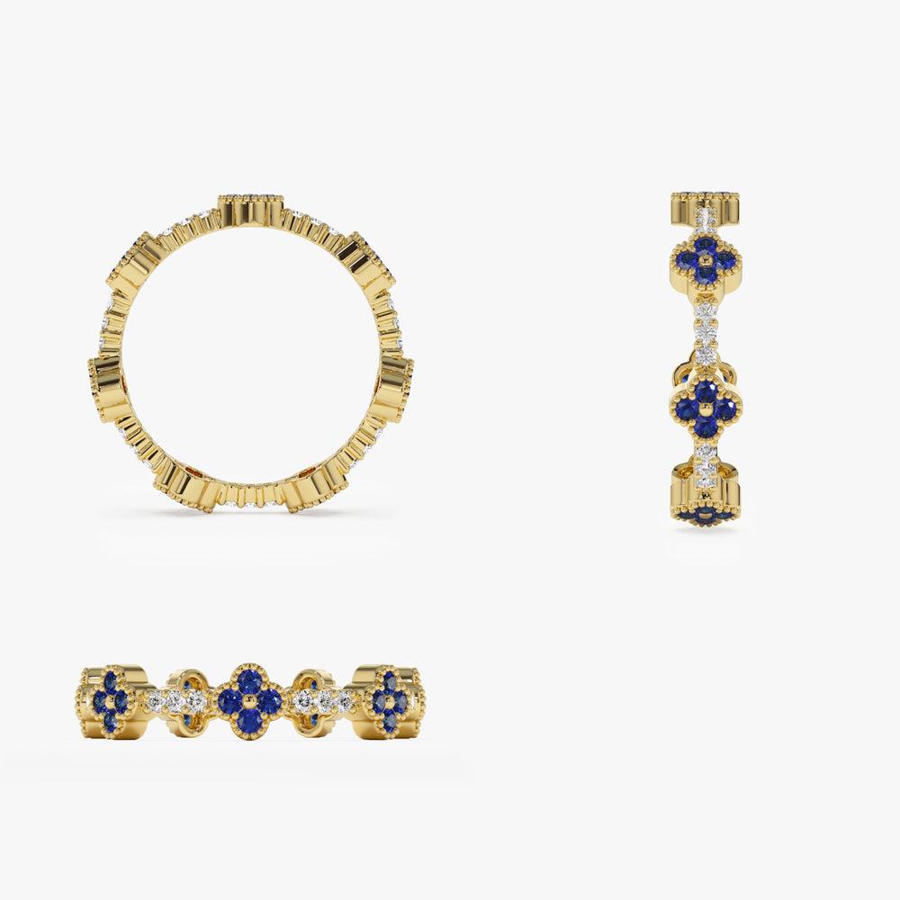 OBFJ1541 - 14k Full Eternity Clover Sapphire and Diamond Ring 8