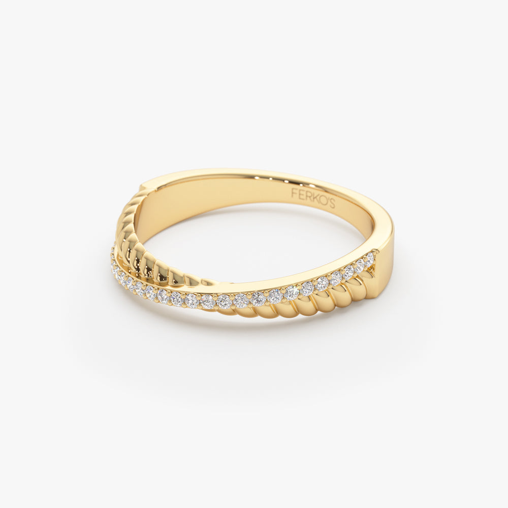 OBFJ1542 - 14k Gold Micro Pave Diamond Twisted Rope Criss Cross Ring 6