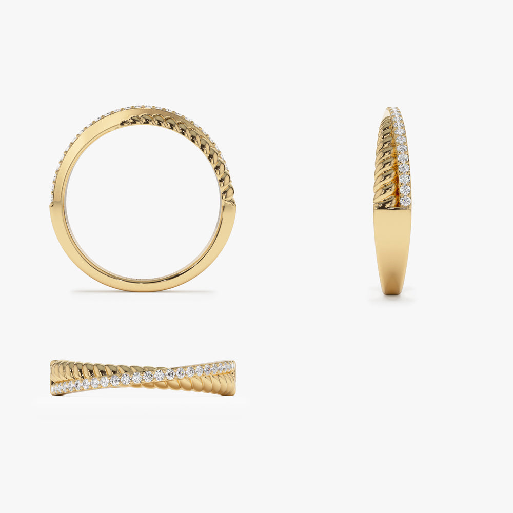 OBFJ1542 - 14k Gold Micro Pave Diamond Twisted Rope Criss Cross Ring 7