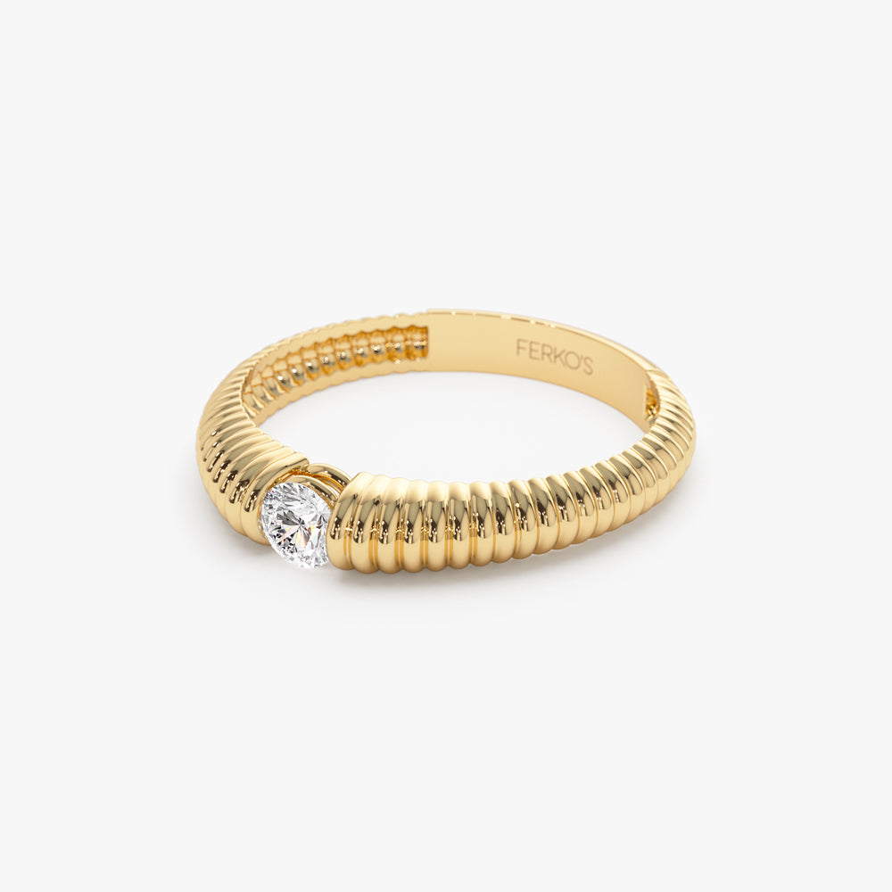 OBFJ1454 - 14k Gold Ribbed Gold Solitaire Diamond Ring 7