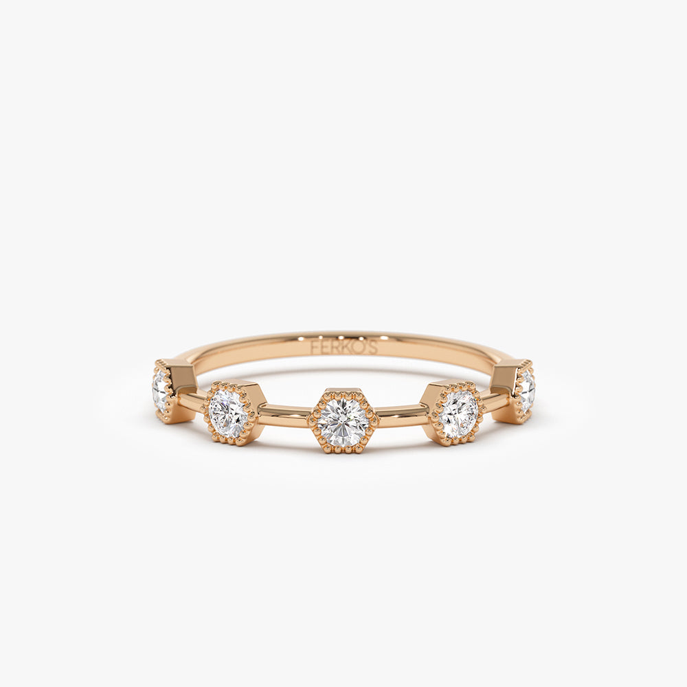 OBFJ1491 - 14k Hexagon Milgrain Setting Five Stone Diamond Ring 5