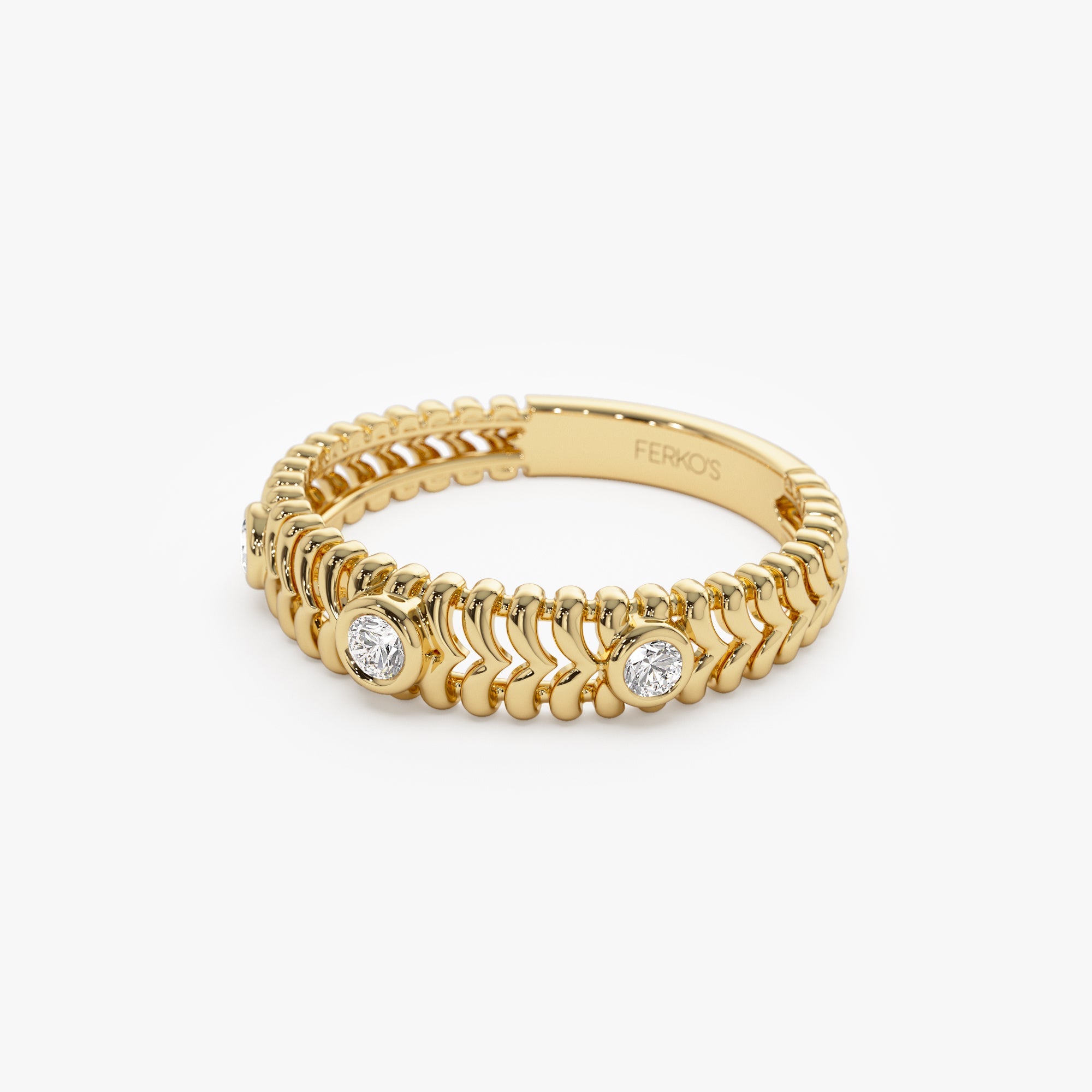 OBFJ1273 - 14k Unique Ribbed Three Stone Diamond Ring 8