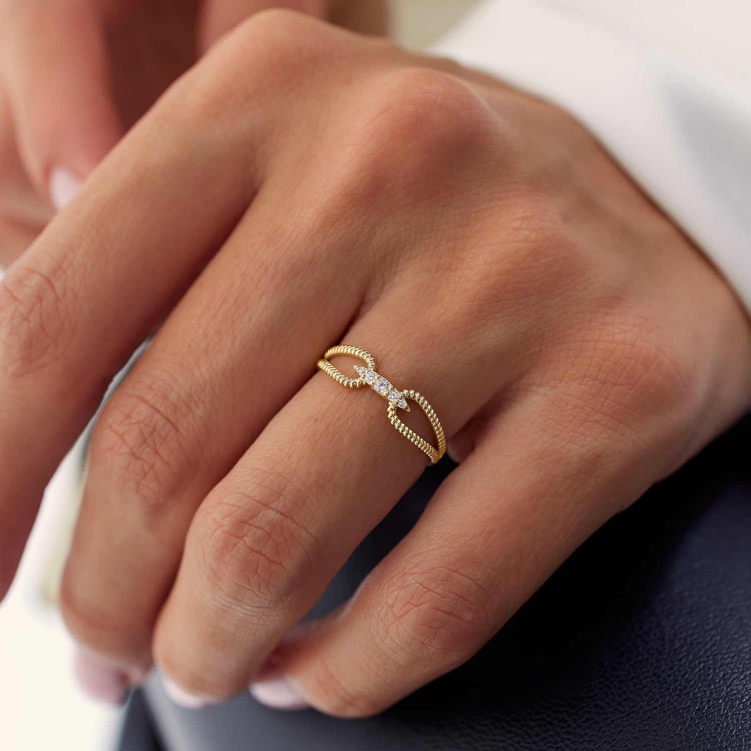 OBFJ1340 - 14k Unique Diamond Statement Ring w/ Double Rope Band 2