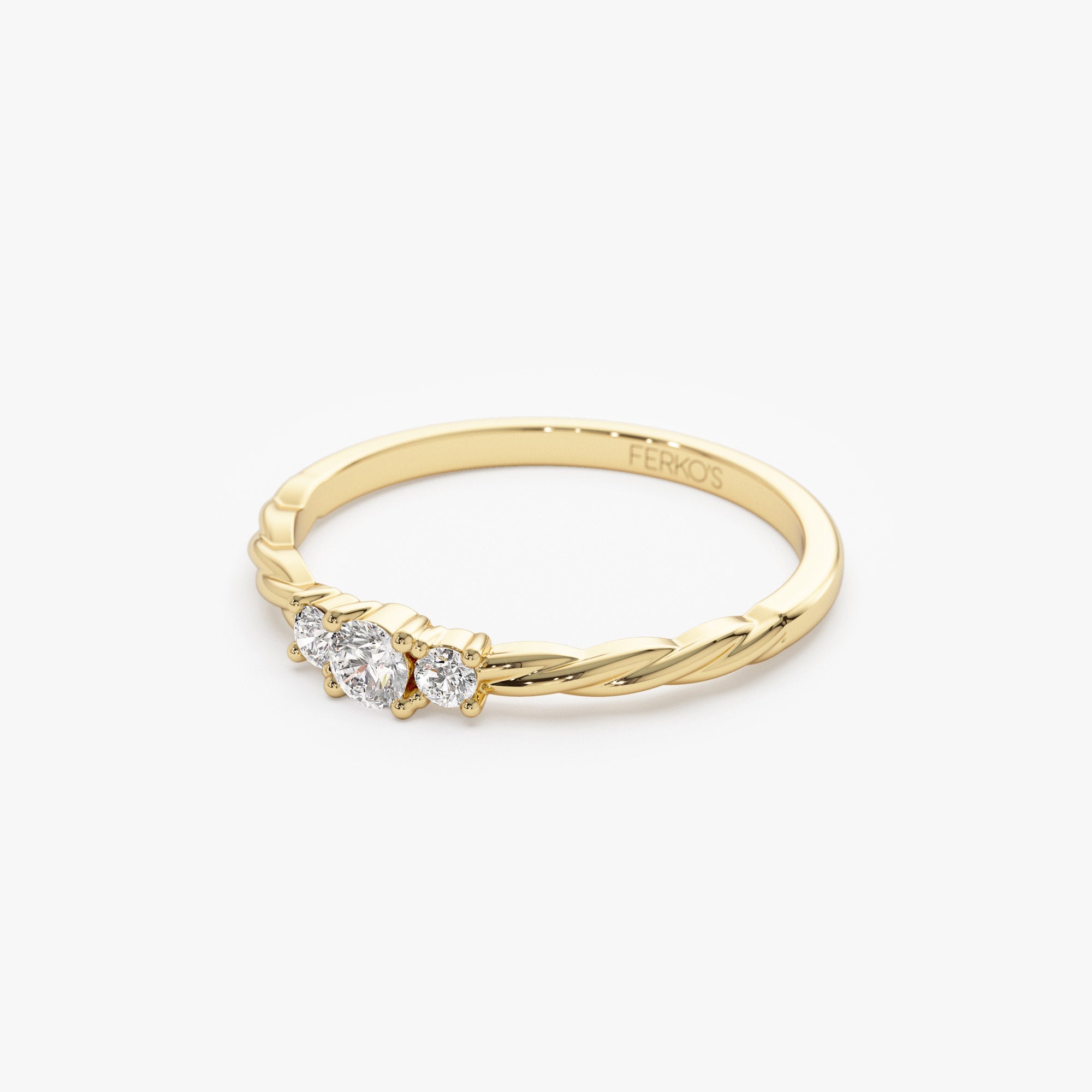 OBFJ1141 - 14k Gold Three Stone Dainty Diamond Twisted Ring 7