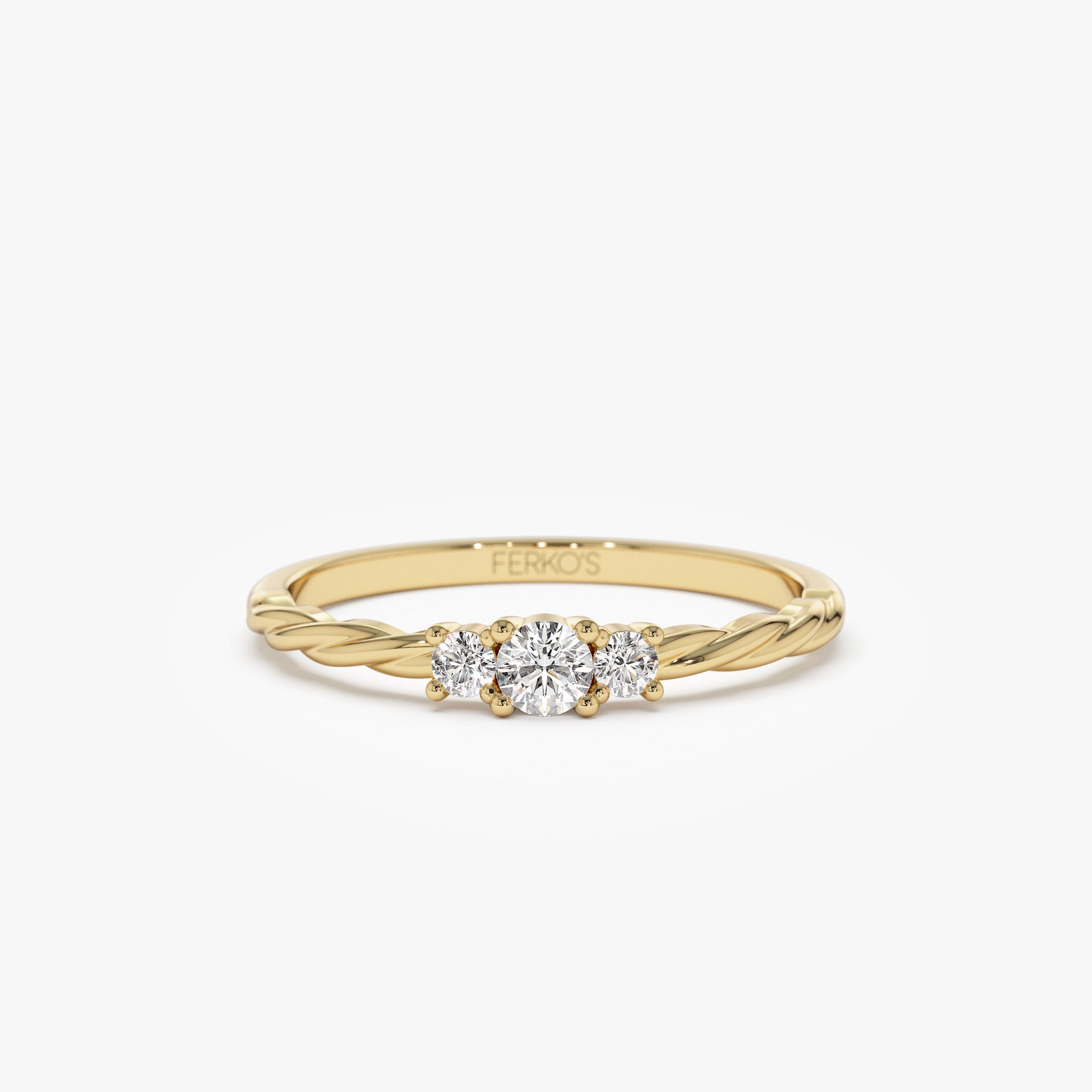 OBFJ1141 - 14k Gold Three Stone Dainty Diamond Twisted Ring 1