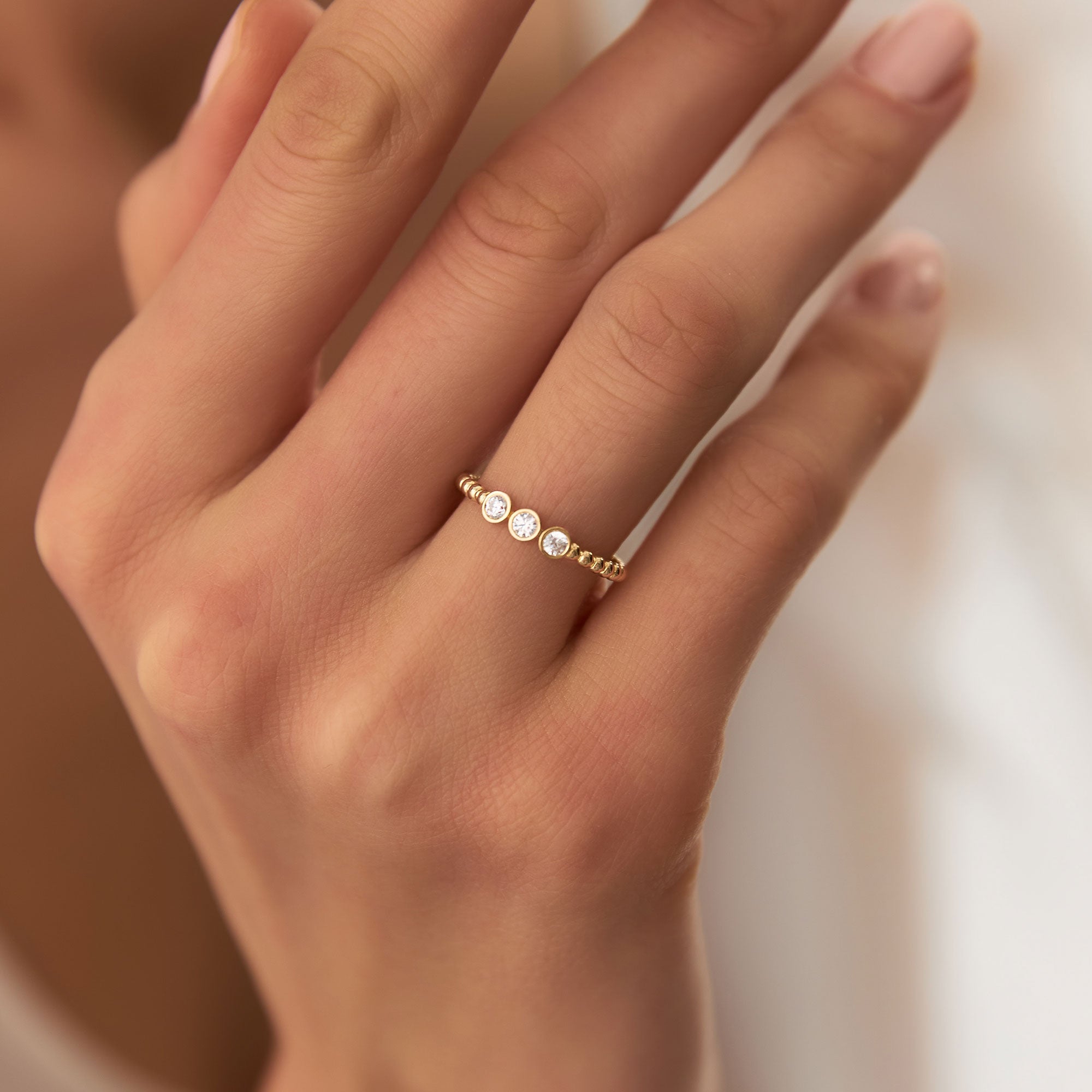 OBFJ1278 - 14k Beaded Three Stone Diamond Ring 2