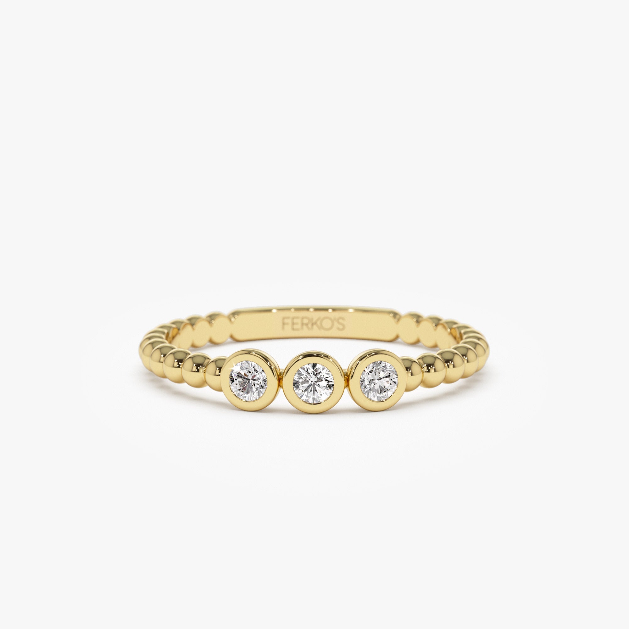 OBFJ1278 - 14k Beaded Three Stone Diamond Ring 1