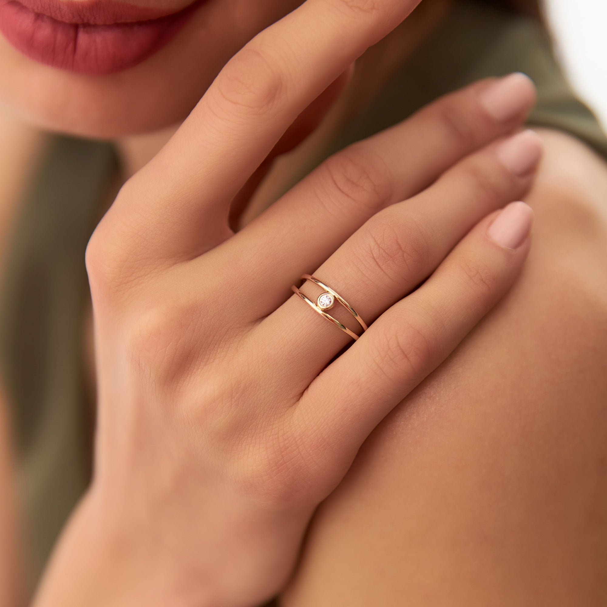 OBFJ1297 - 14k Double Band Bezel Setting Diamond Solitaire Ring 2