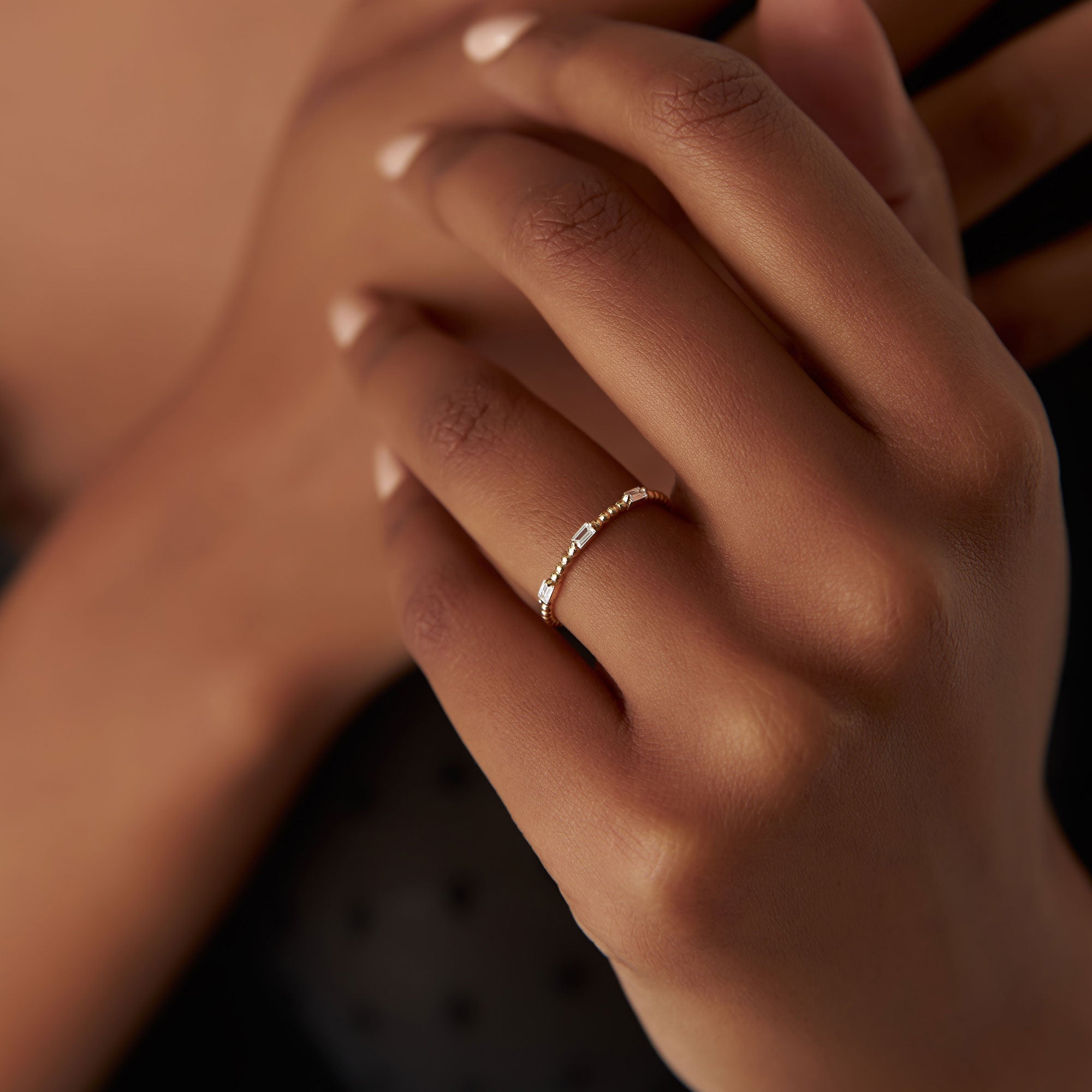 OBFJ1268 - 14K Minimalist Beaded Baguette Diamond Ring 2