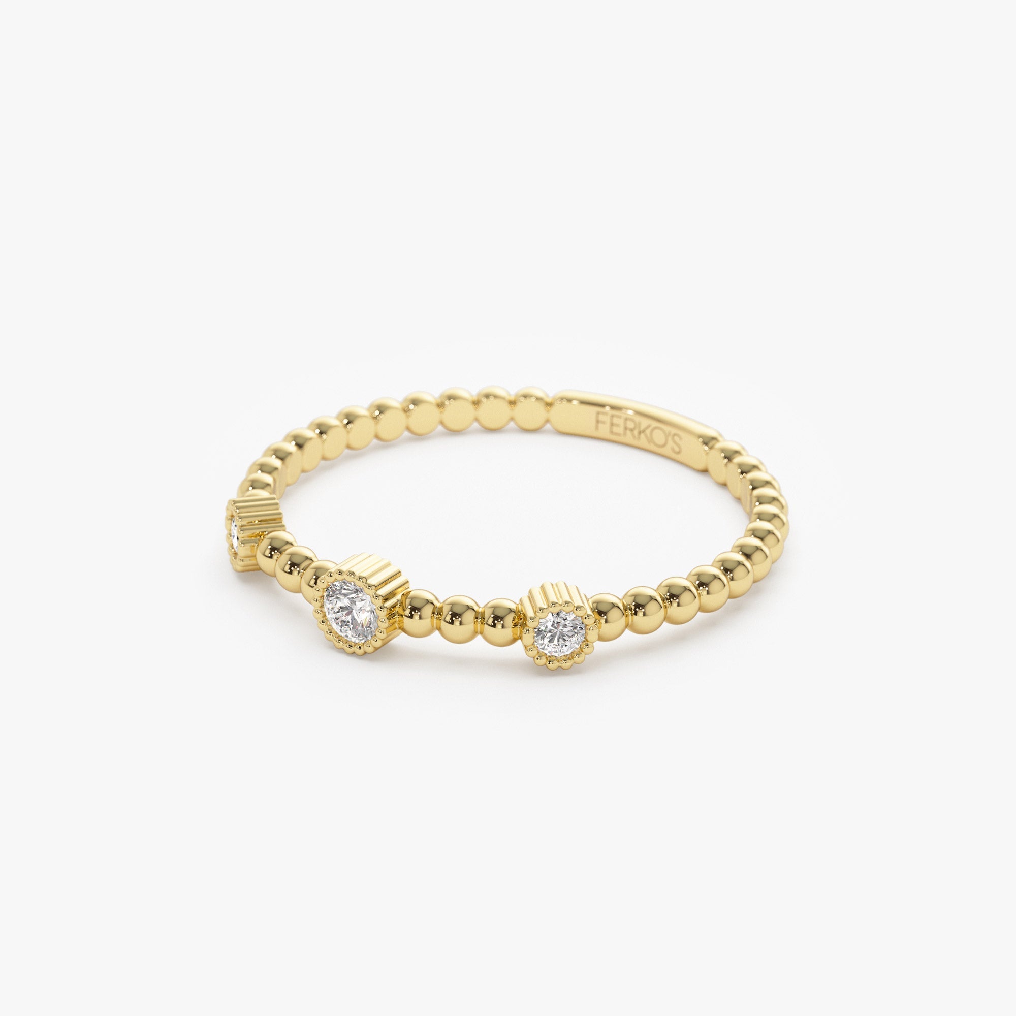 OBFJ1249 - 14k Bead Band Ring with Three Bezel Setting Diamonds 6