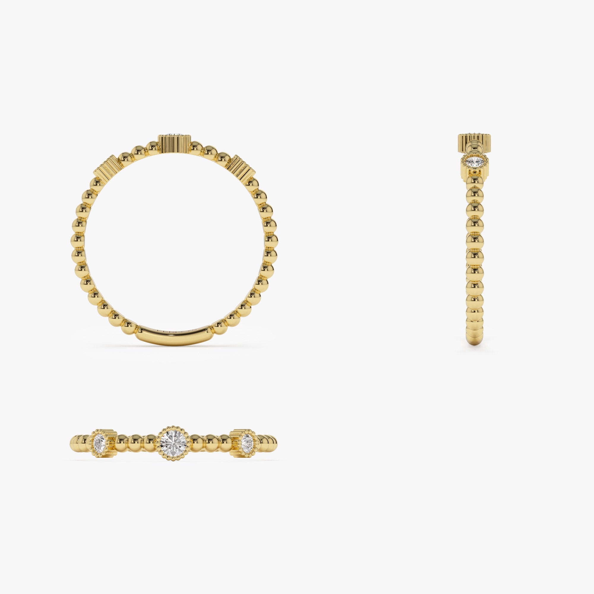 OBFJ1249 - 14k Bead Band Ring with Three Bezel Setting Diamonds 7