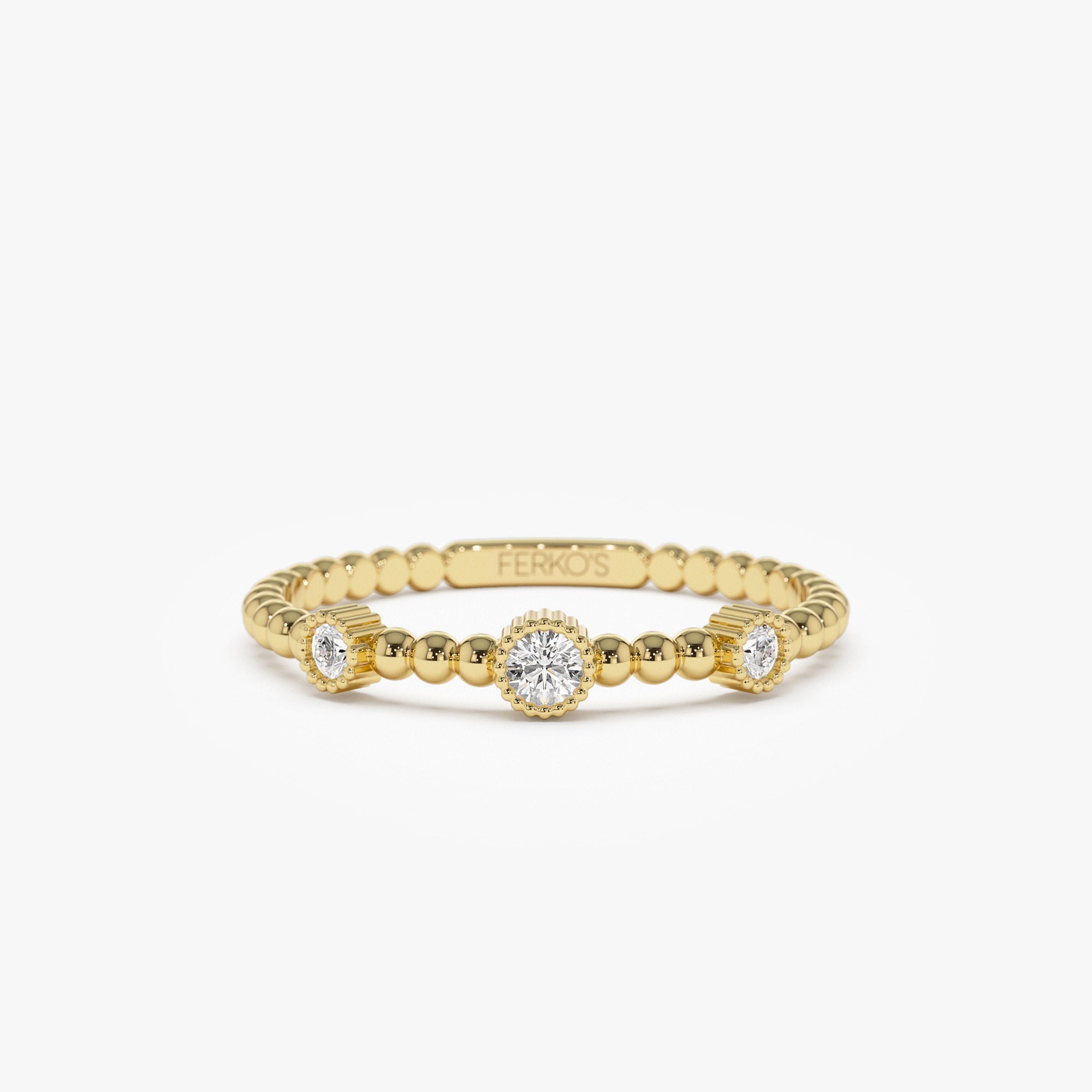 OBFJ1249 - 14k Bead Band Ring with Three Bezel Setting Diamonds 1