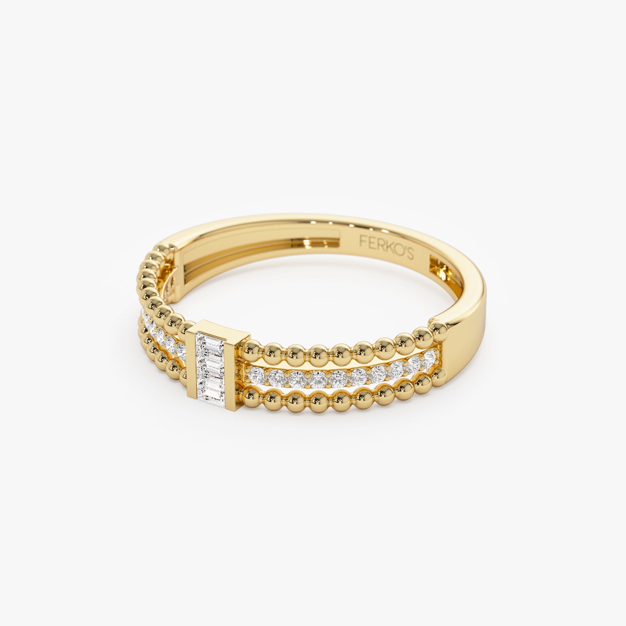 OBFJ1359 - 14k Beaded Baguette and Round Diamond Ring 6