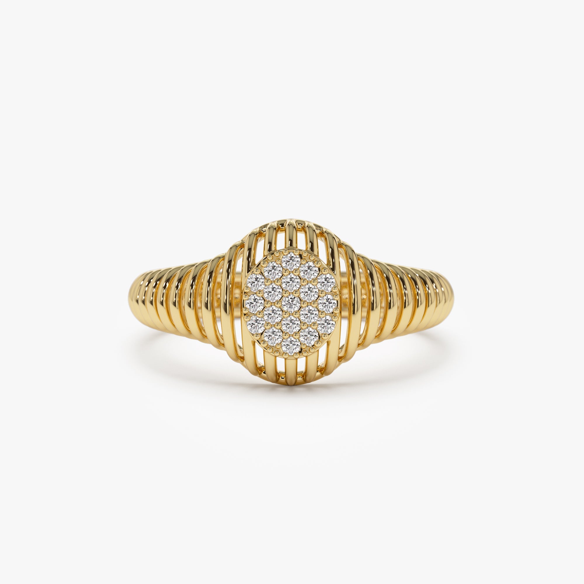 OBFJ1283 - 14k Gold Ribbed Oval Signet Ring 1