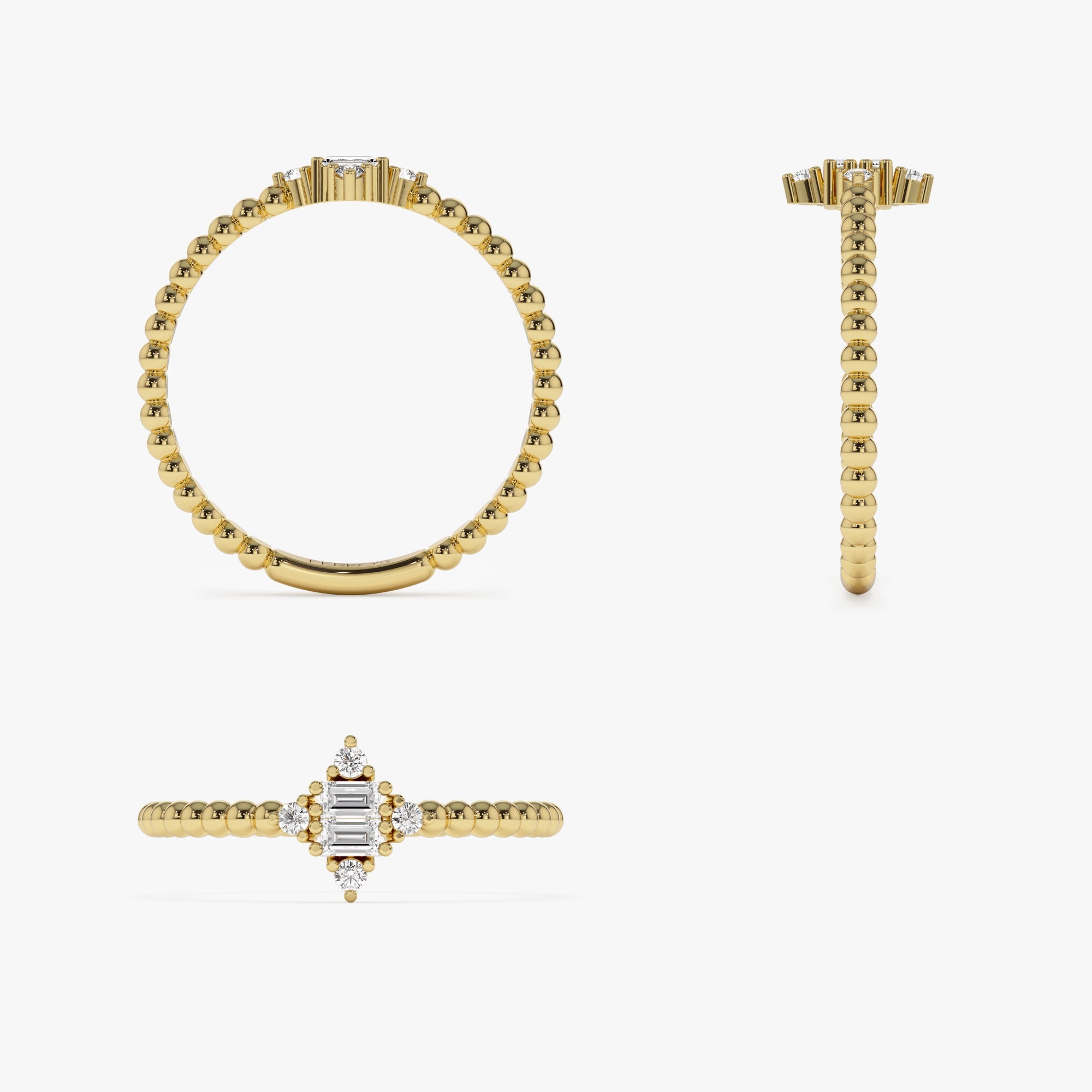 OBFJ1242 - 14k Beaded Baguette and Round Diamond Stacking Ring 8