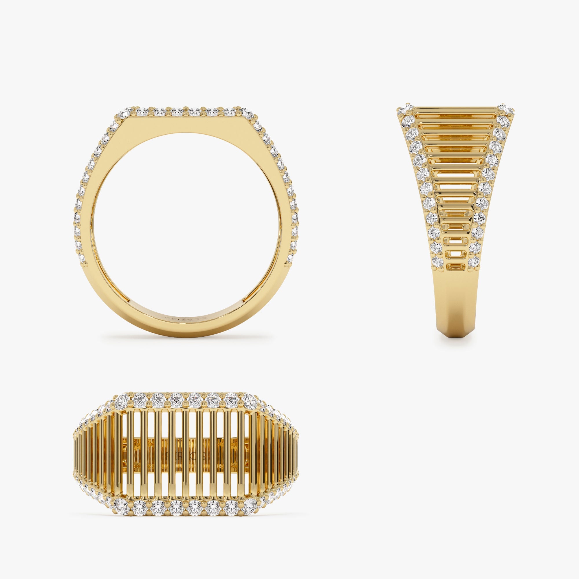 OBFJ1325 - 14k Ribbed Unique Design Diamond Signet Ring 10