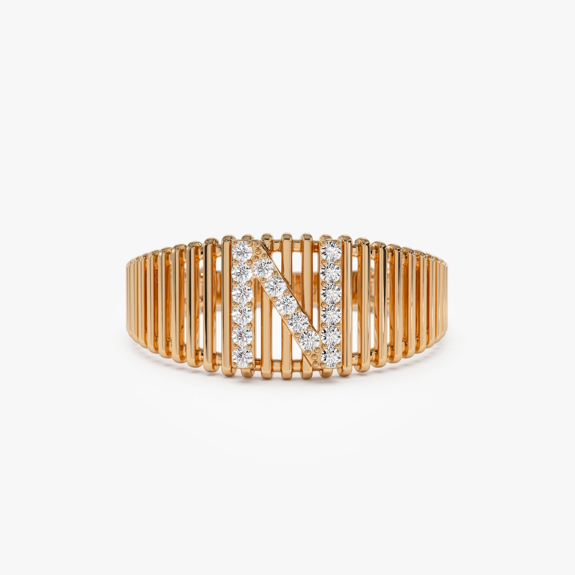 OBFJ1159 - 14k Ribed Cage Diamond Initial Ring 5