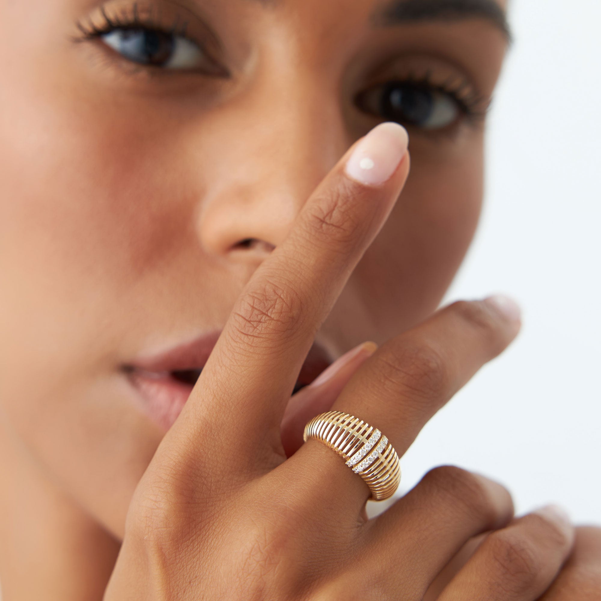 OBFJ1160 - 14K Diamond-Encrusted Ribbed Dome Statement Ring 8