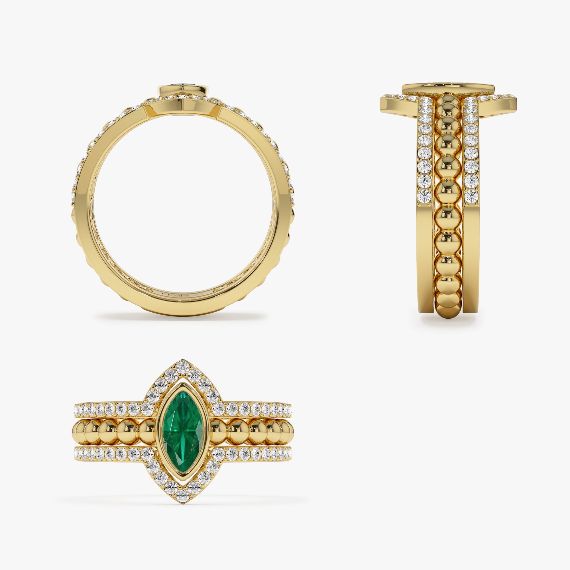 OBFJ1225 - 14k Marquise Shaped Emerald Ring with Nesting Diamond Bands 9