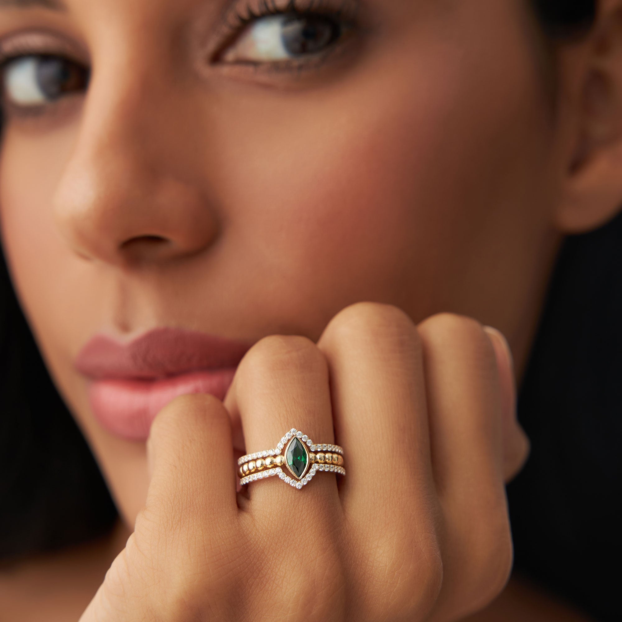 OBFJ1225 - 14k Marquise Shaped Emerald Ring with Nesting Diamond Bands 2