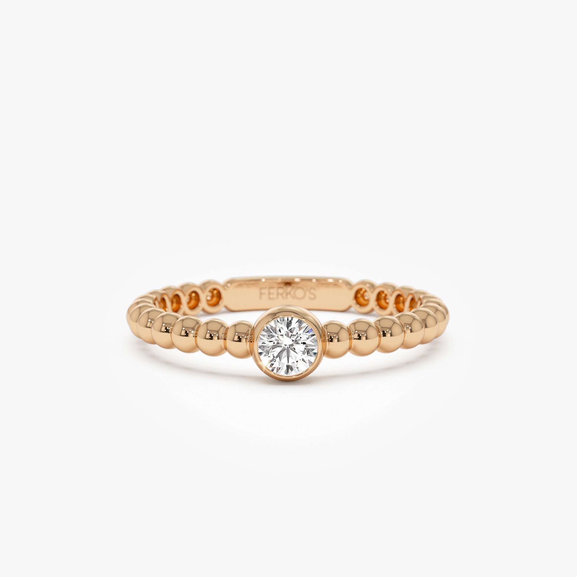 OBFJ0948 - 14K Gold Beaded Solitaire Diamond Bezel Ring 12