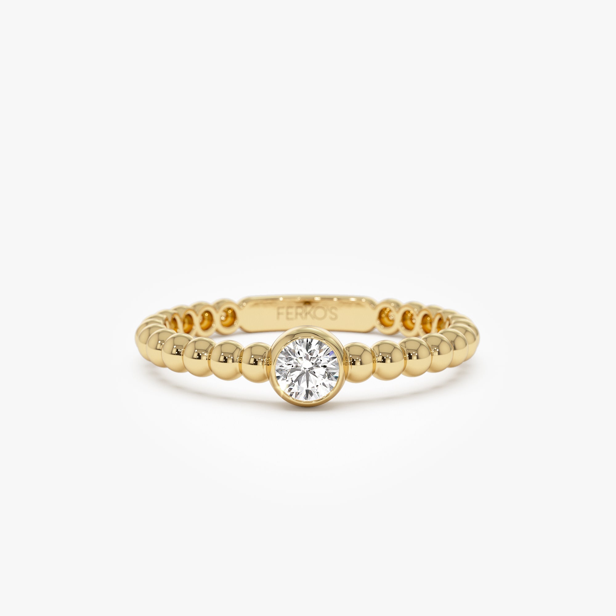 OBFJ0948 - 14K Gold Beaded Solitaire Diamond Bezel Ring 1
