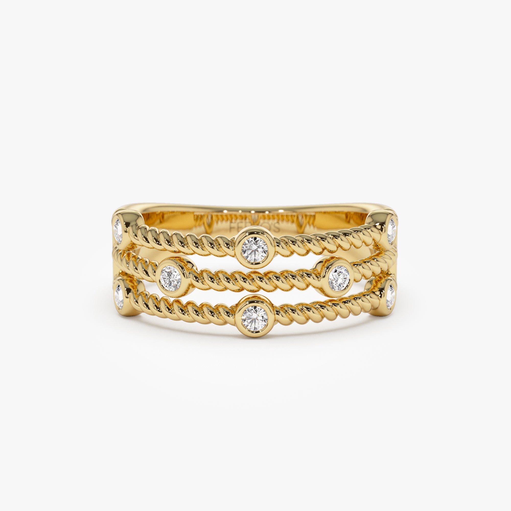 OBFJ0951 - 14K Gold Twisted Rope Triple Diamond Ring 1