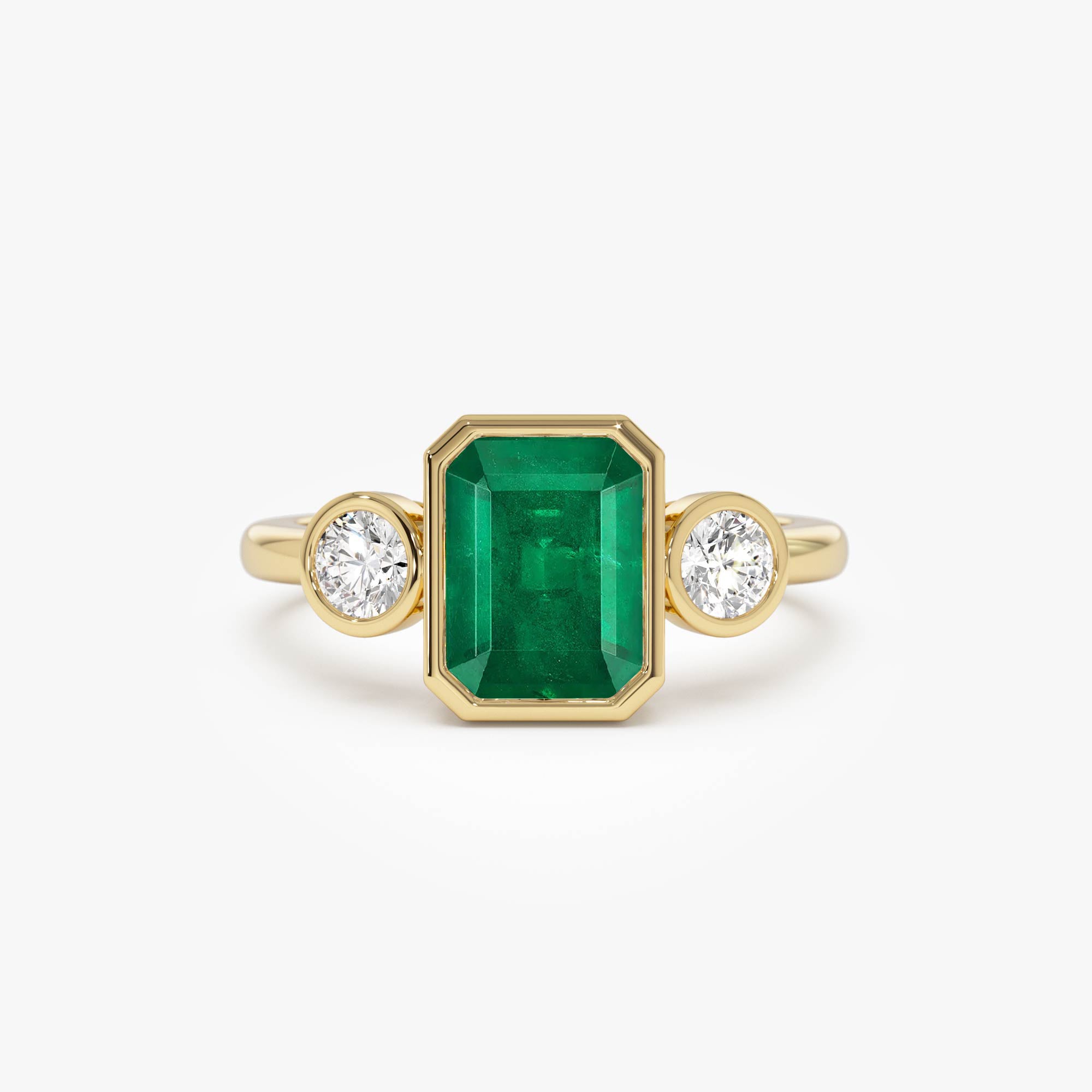 OBFJ0659 - 14k Emerald Bezel Set Three Stone Ring 1