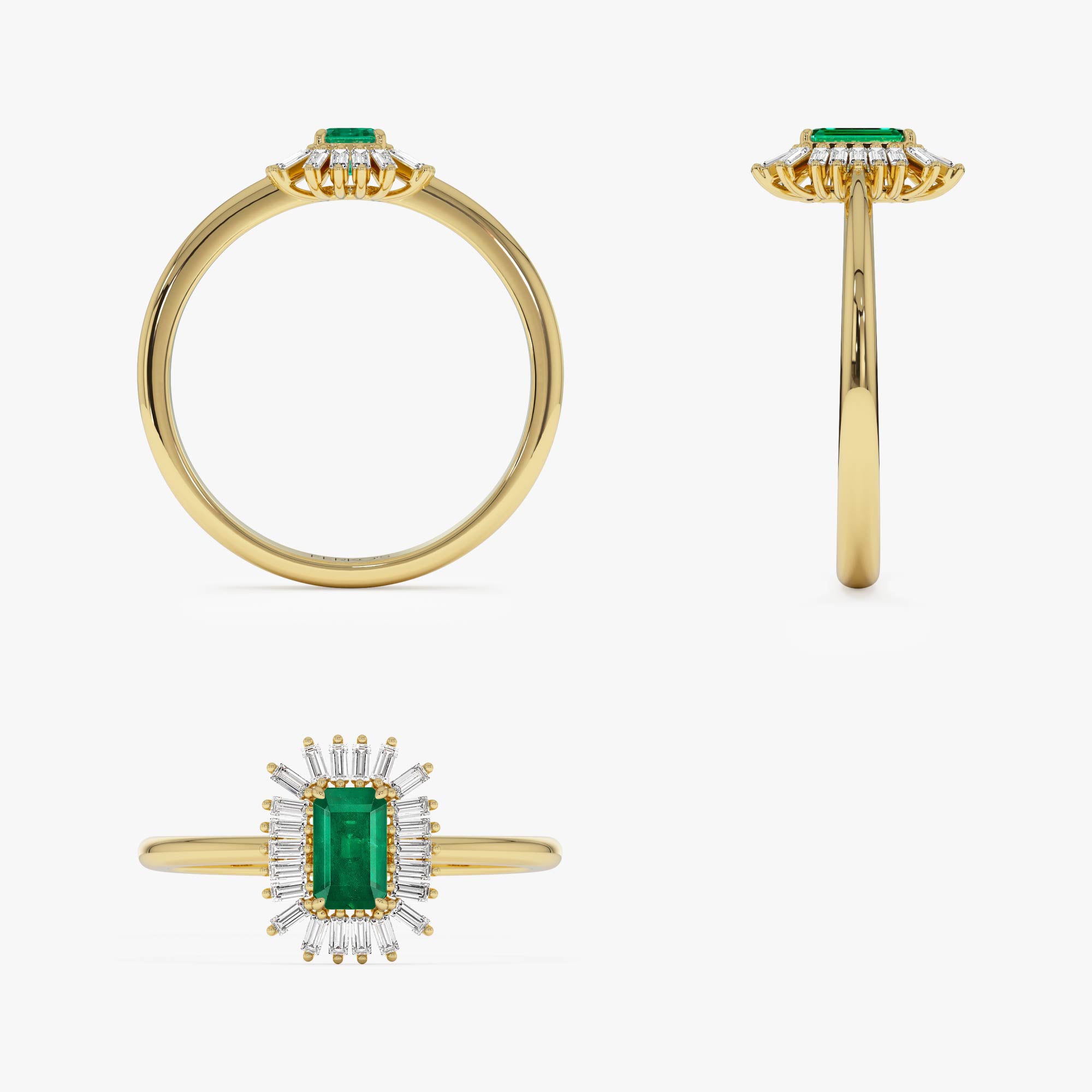 OBFJ0646 - 14k Emerald Cut Emerald Ring with Baguette Diamond Halo 10