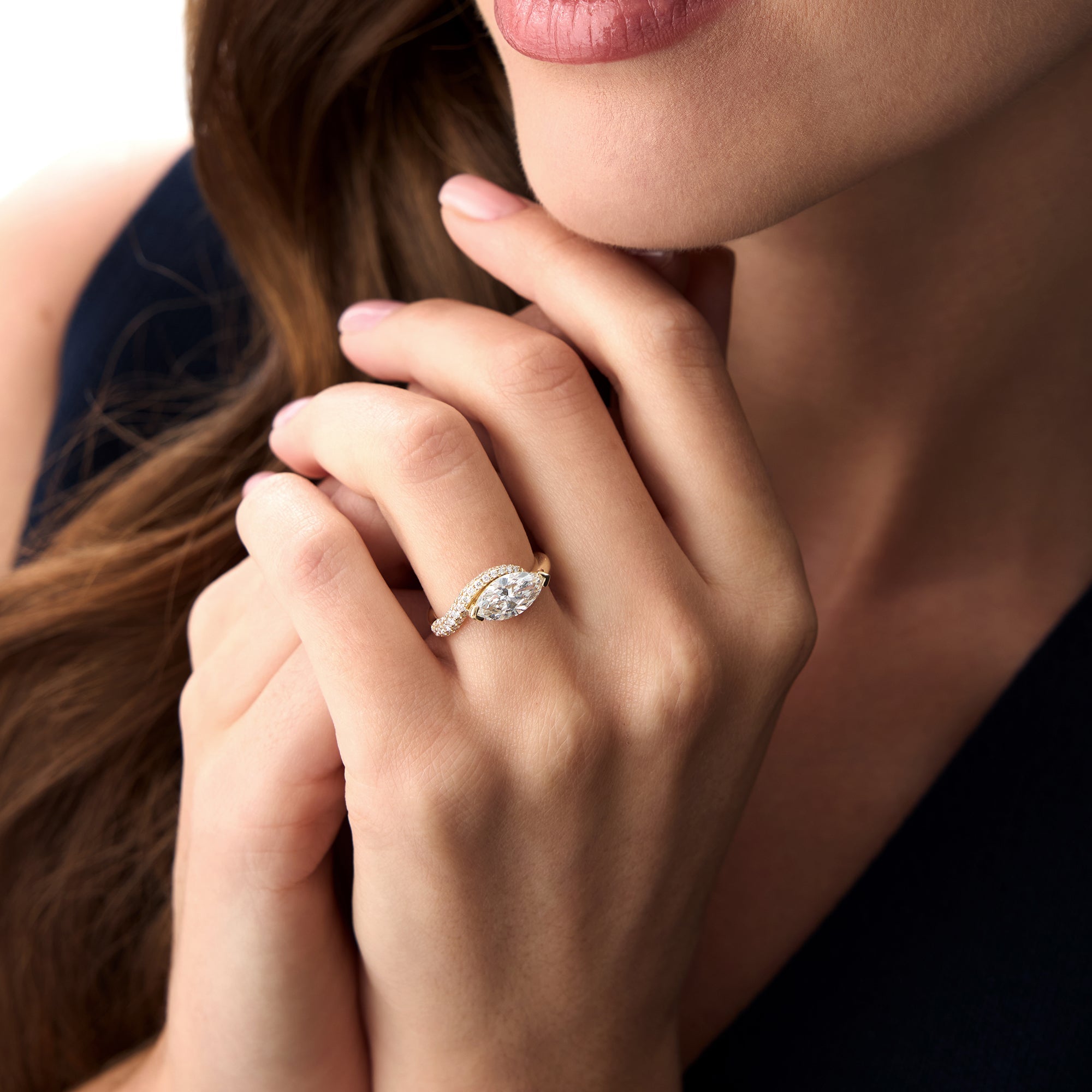OBFJ0564 - 1.55 Ctw 14k Lab Grown Marqusie Shaped Curved Pavé Band Enagement Ring - Livia 6